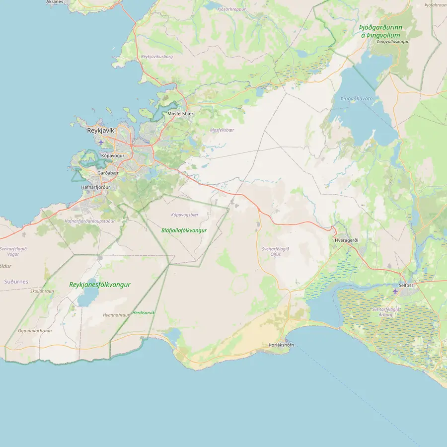 Map of south-west Iceland with Reykjavík, Hveragerði and the caves Raufarhólshellir, Arnarker and Leiðarendi