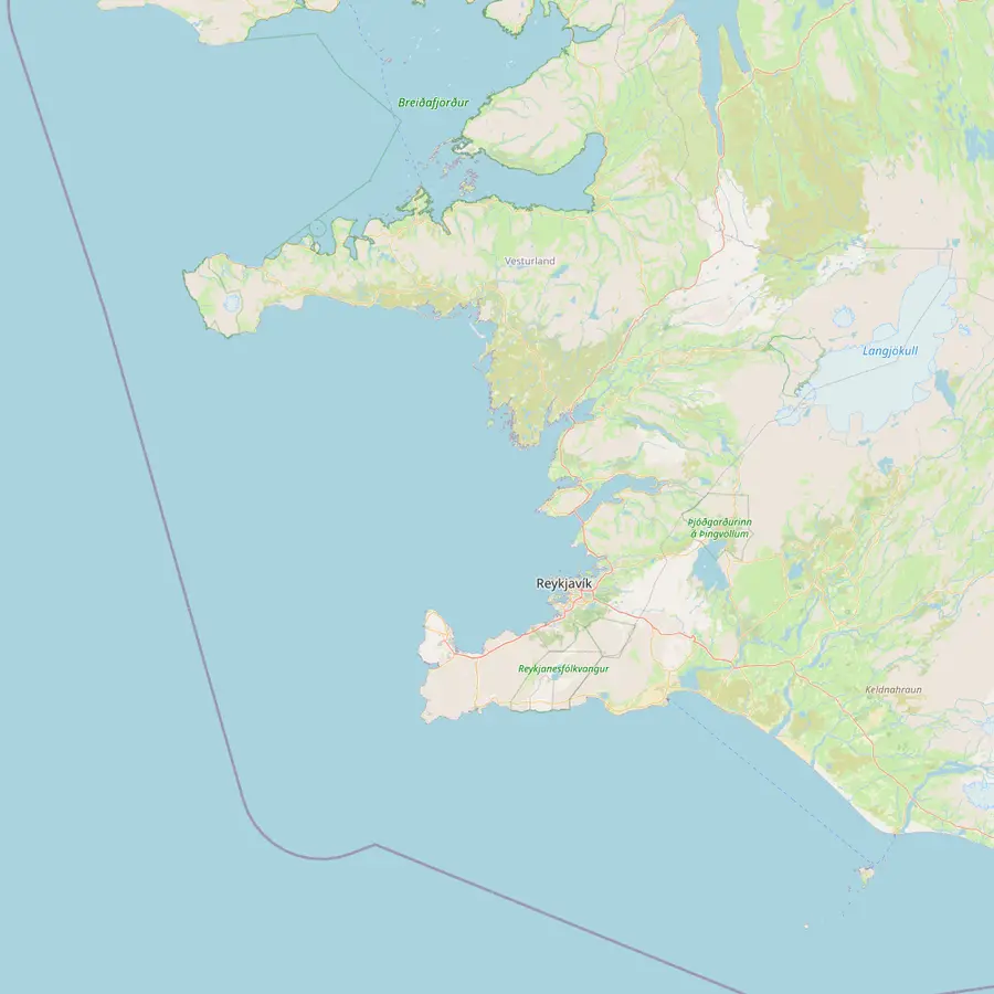Map of west Iceland with Reykjavík, Raufarhólshellir, Silfra in Þingvellir, Vatnshellir on Snæfellsnes and Víðgelmir